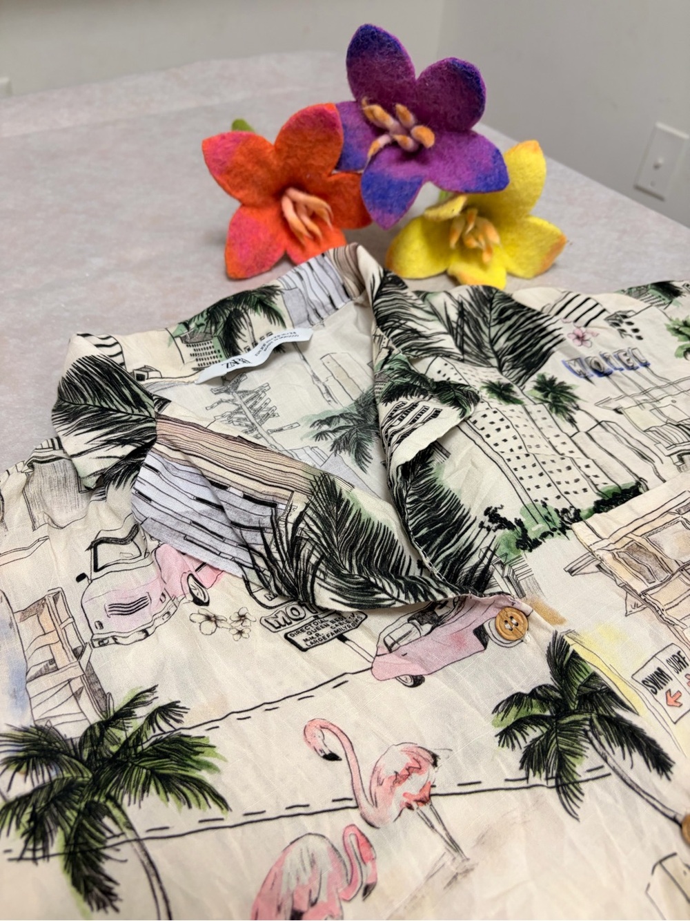 Zara Cream Button-Down Shirt with Pink Flamingo & Green Palm Print